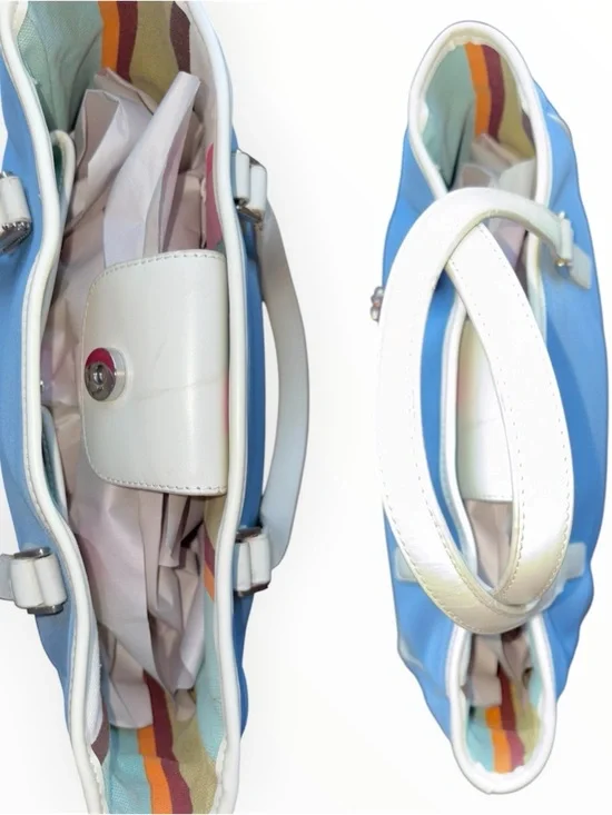 Vintage Fossil Canvas Satchel Blue & White Top Handle Handbag - Picture 4 of 7